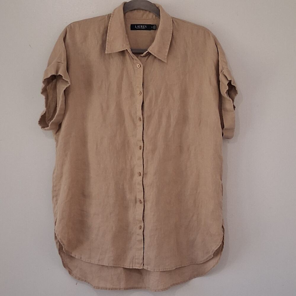 Lauren Ralph Lauren 100% Linen Short Sleeve Button Down Blouse